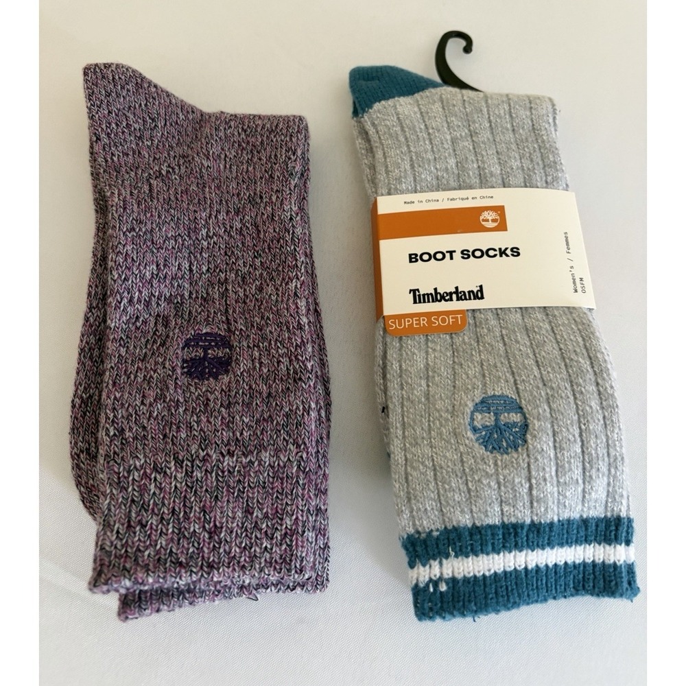 Timberland Boot Socks Super Soft Ribbed Striped Gray/Teal/White 10-13 1pr